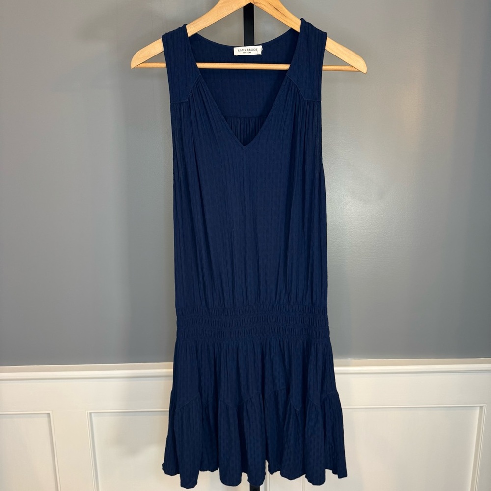 Ramy Brook NY Navy Smocked Drop Waist Sleeveless V Neck Mini Dress S